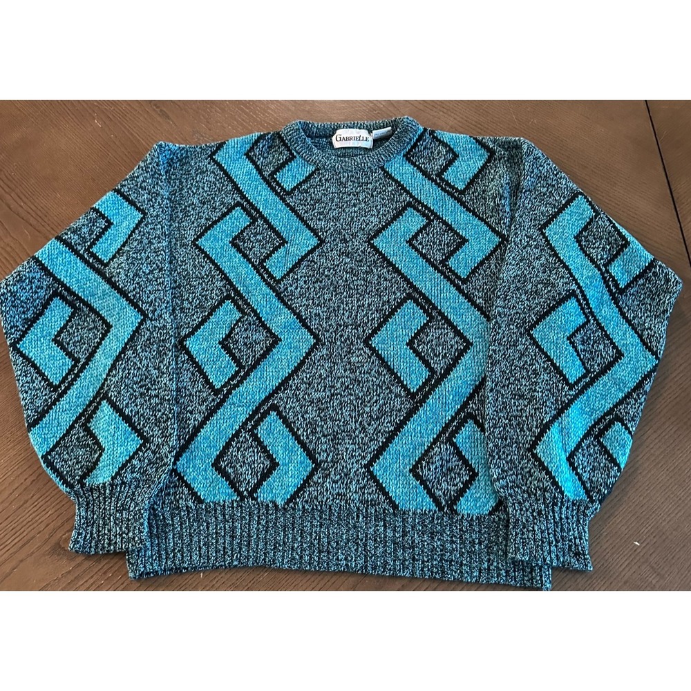 Vintage Gabrielle Sweater Teal Black Geometric Acrylic Crew Neck 80s - Men's M